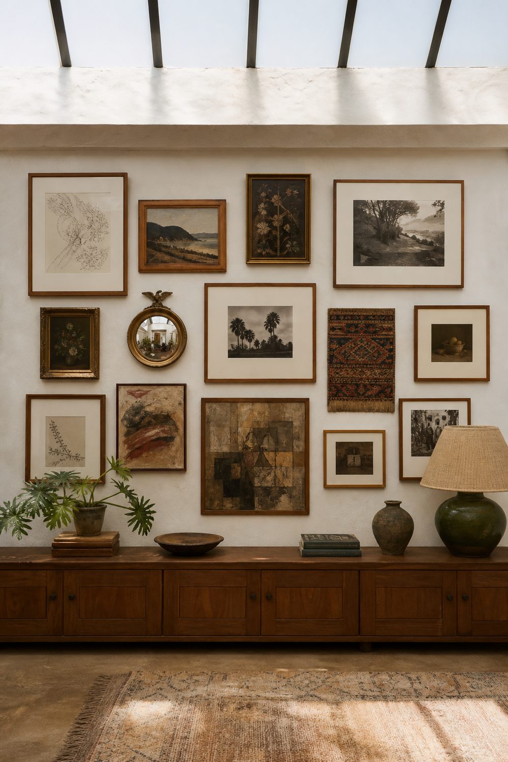 Eclectic boho gallery wall mixing framed art, a brass mirror, and a vintage textile fragment in warm wood frames