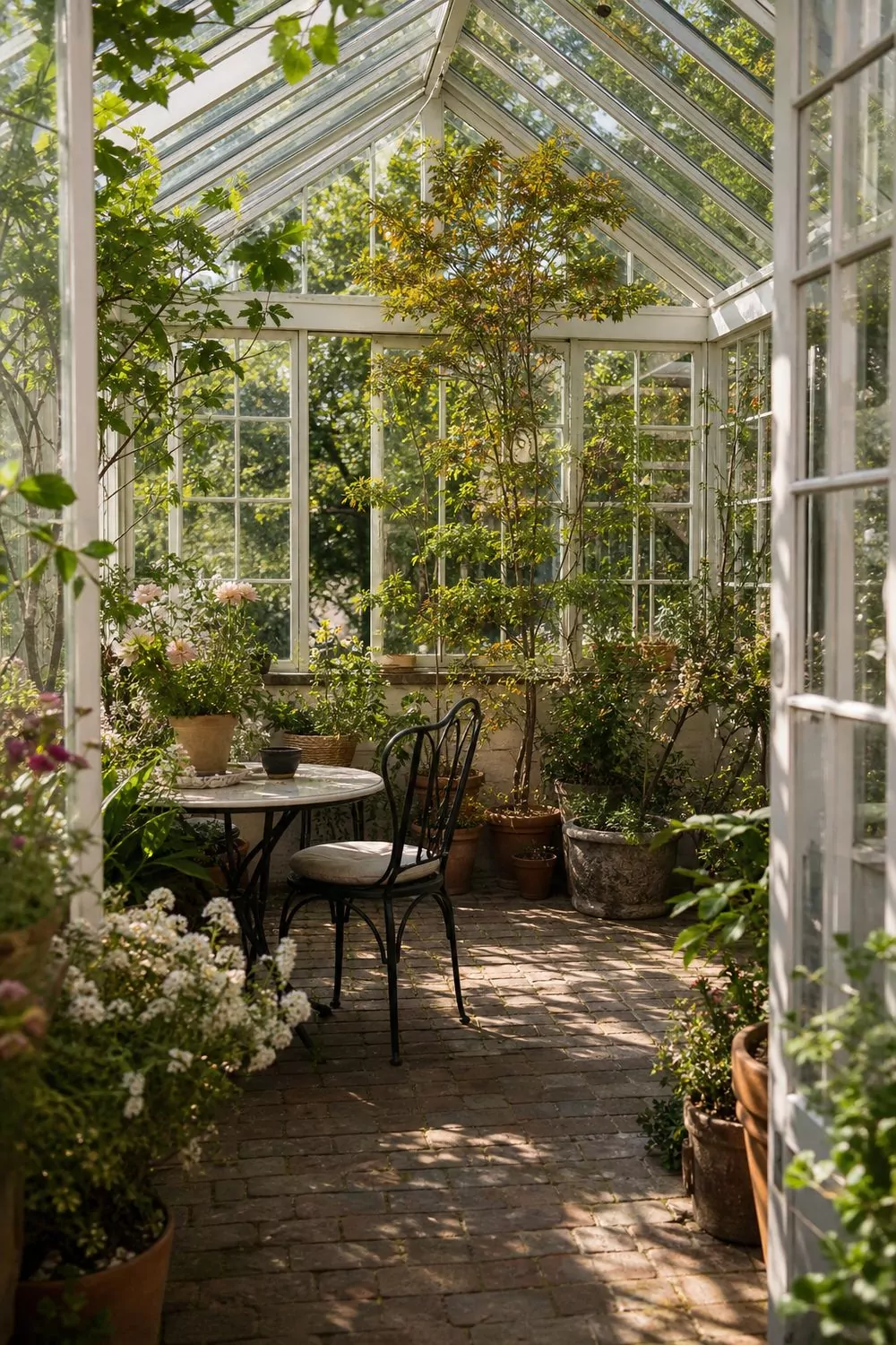 Greenhouse conservatory she shed with glass walls and roof, abundant potted plants, a black metal bistro set, and a brick paver floor