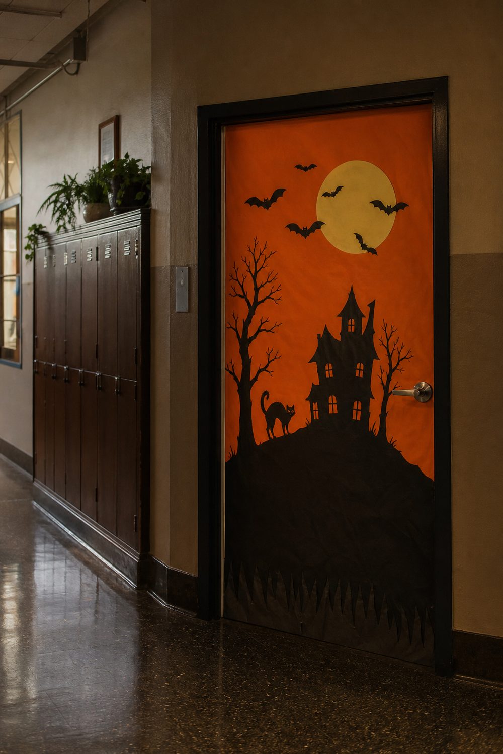Halloween classroom door with amber background, black haunted house and tree silhouettes, scattering paper bats, and pale moon