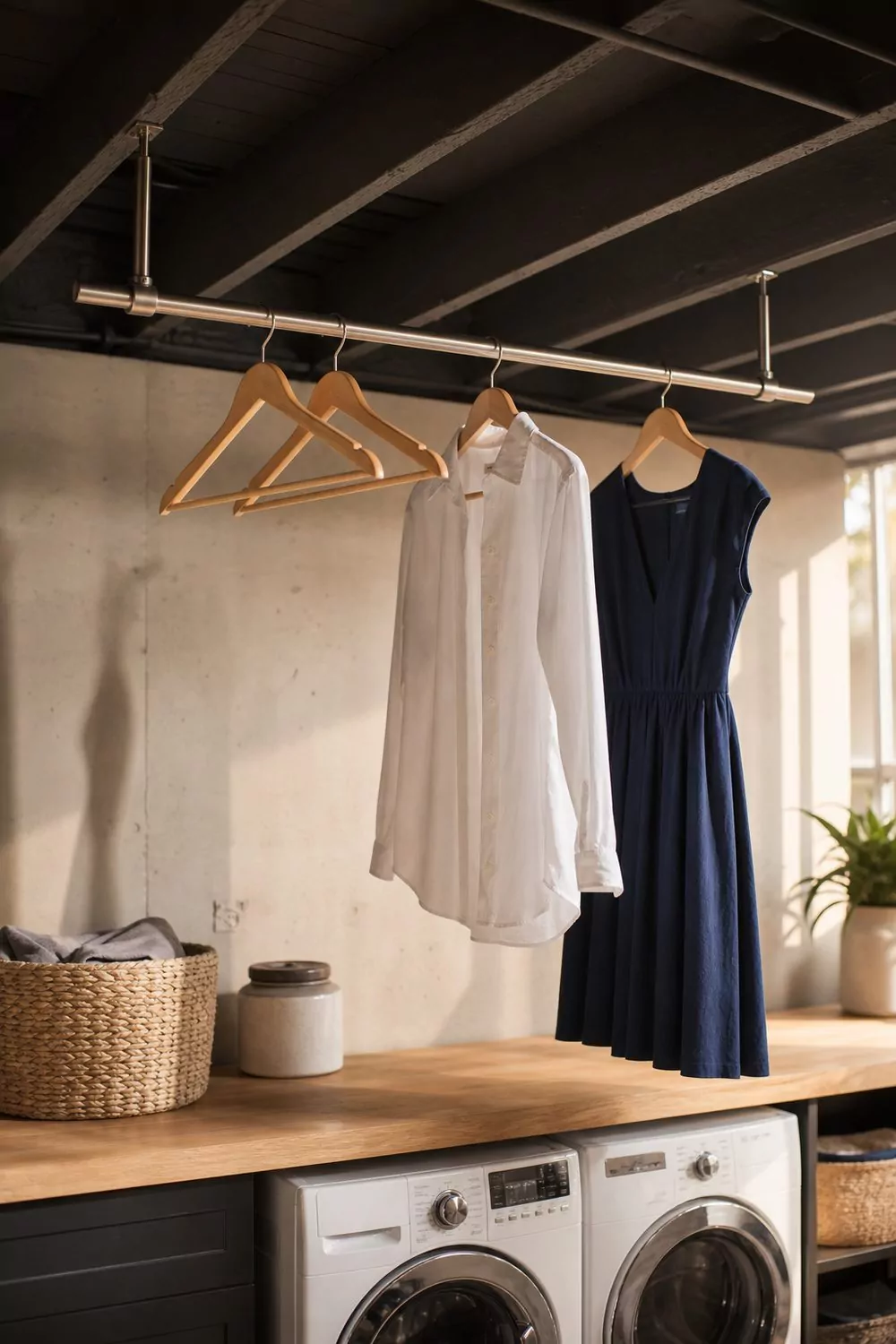 Slim metal hanging rod suspended from painted basement joists with wooden hangers holding a white shirt and a navy dress