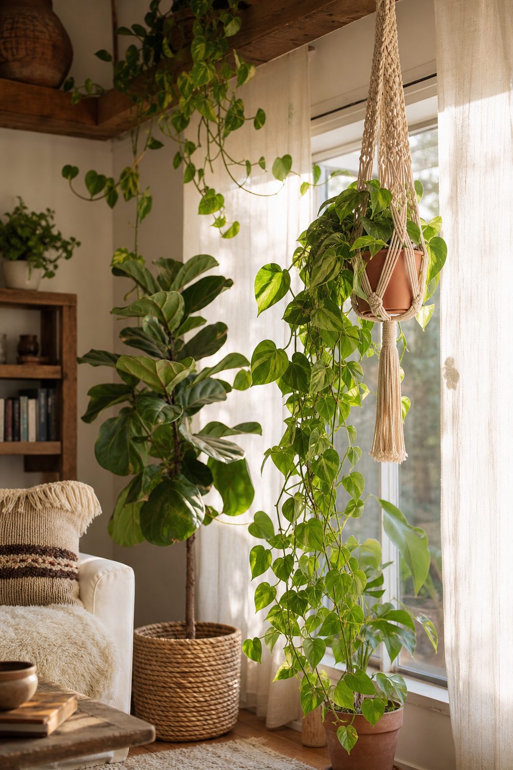 Trailing pothos in a macrame plant hanger beside a window with an upright fiddle-leaf fig in a woven basket planter
