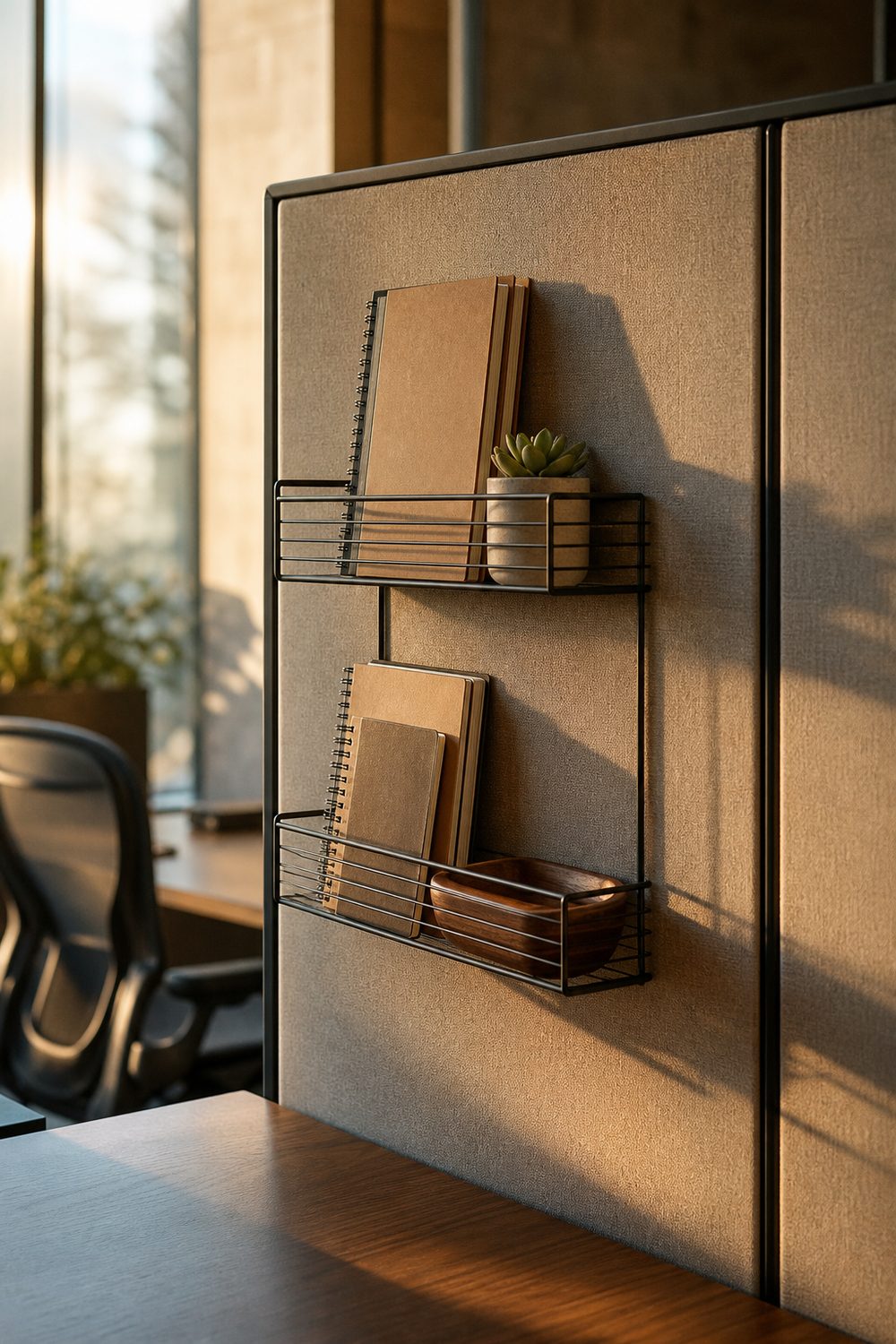 Two slim wire hanging shelves on a cubicle panel holding kraft notebooks, a succulent, and a walnut tray above a clear desk