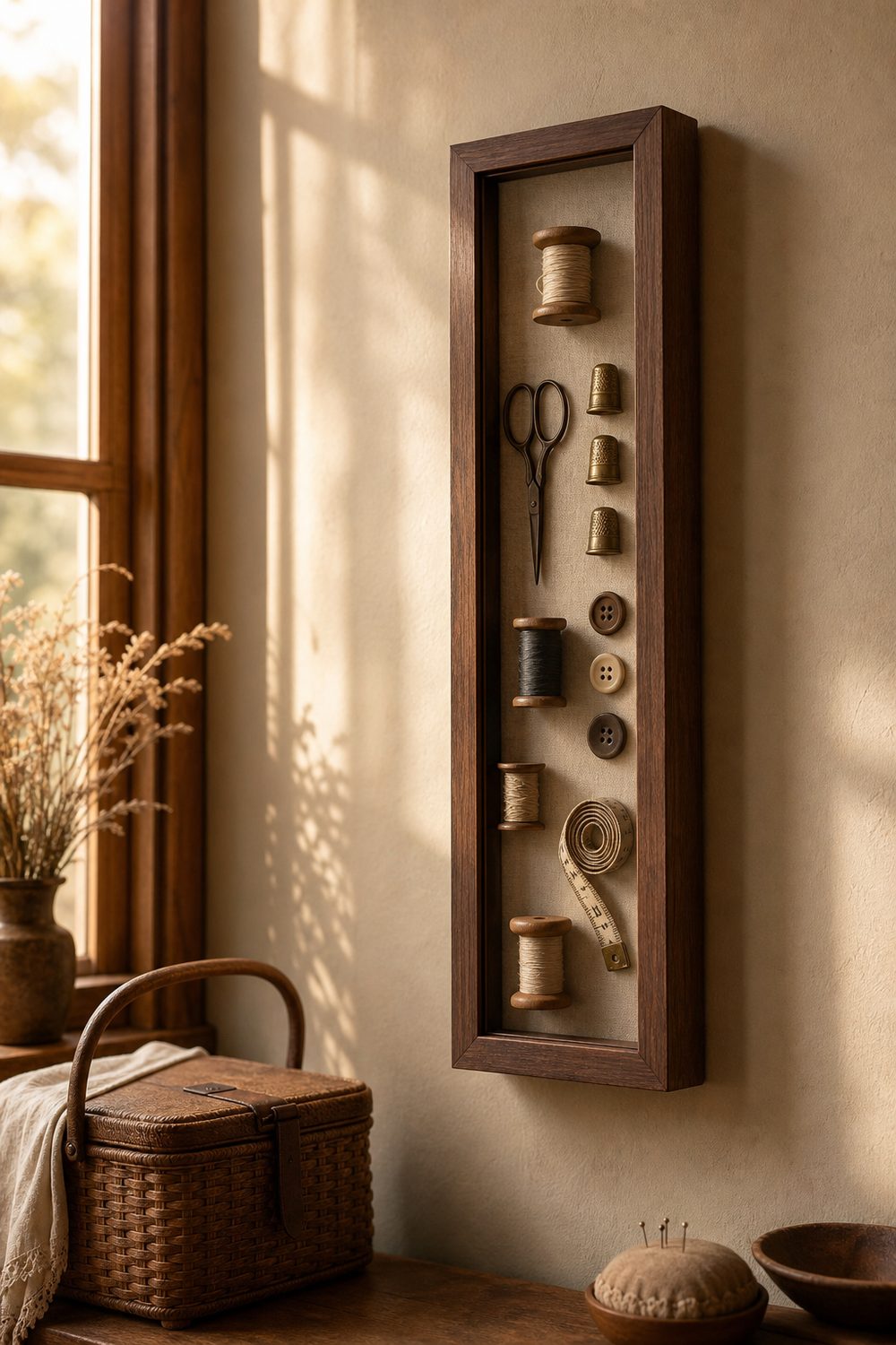 Heirloom sewing shadow box with thread spools, thimbles, scissors and buttons arranged on flax linen in a walnut frame