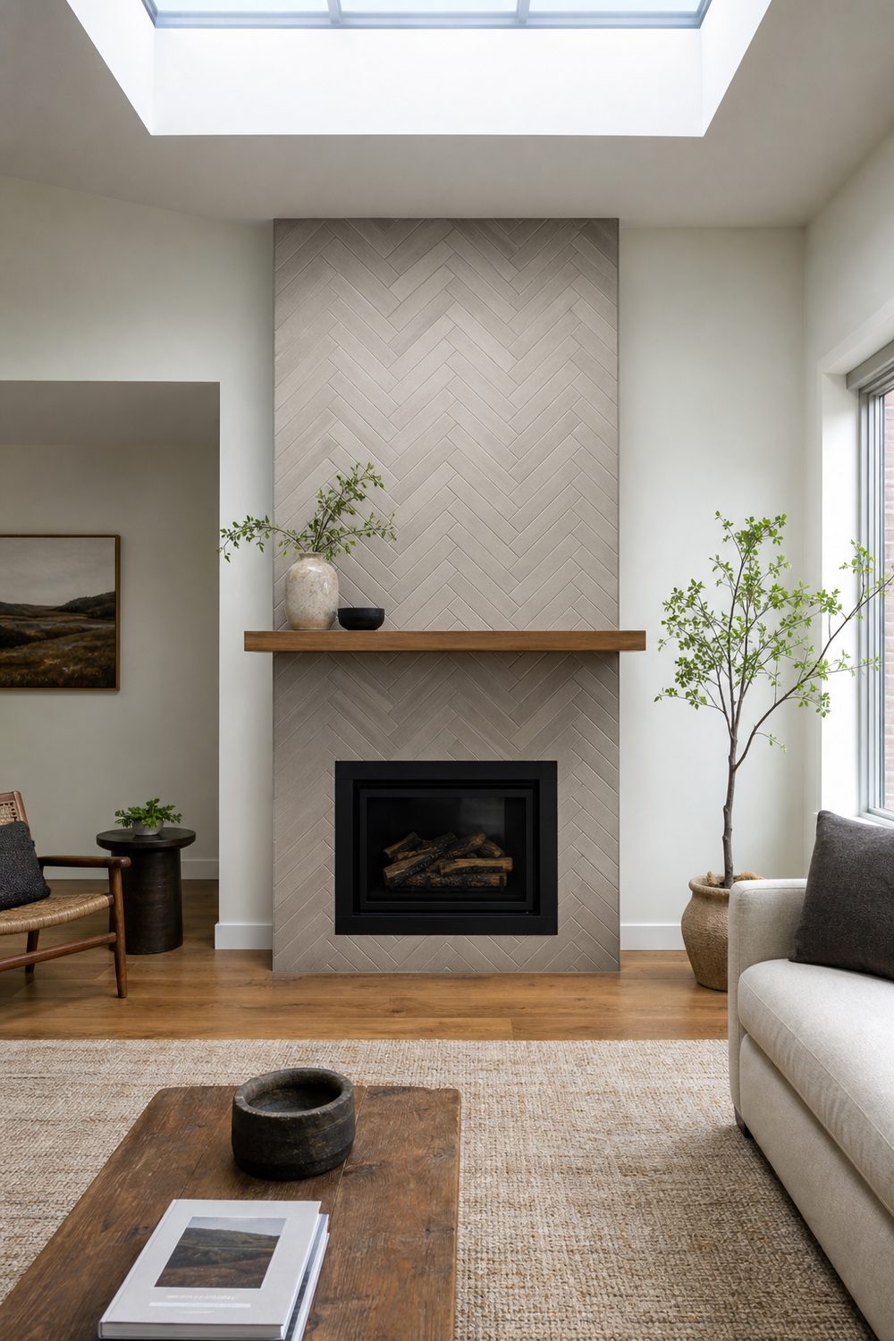 Narrow fireplace faced with elongated matte tile set in a herringbone pattern beside a satin black firebox frame