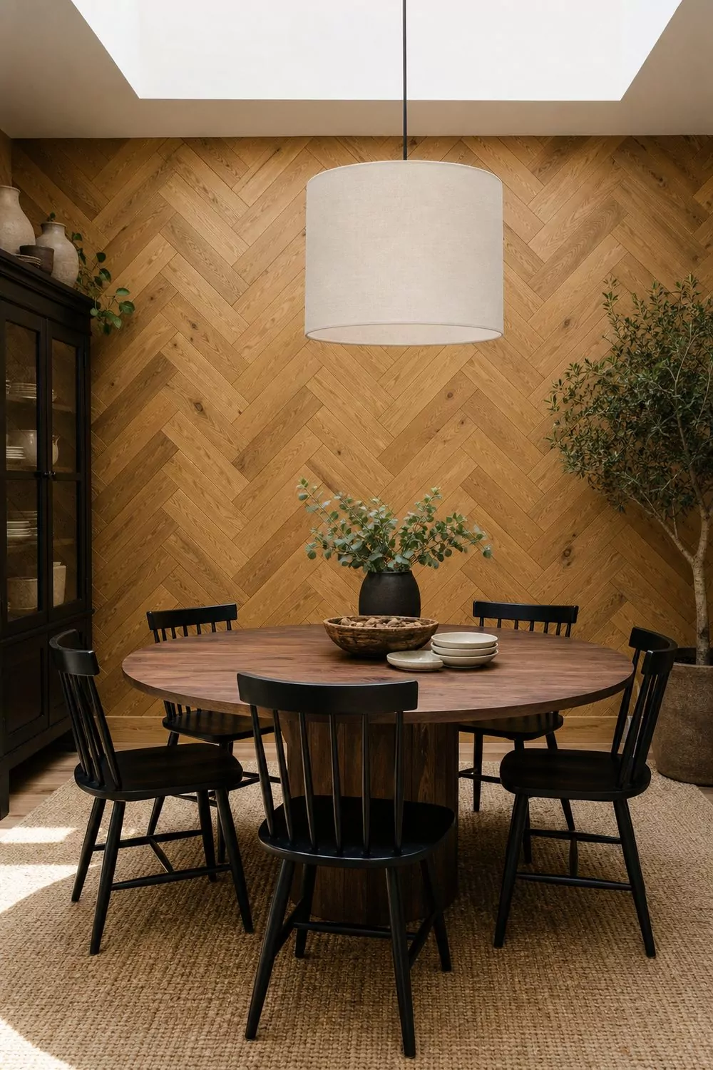 Warm oak herringbone wood accent wall behind a round walnut dining table with black spindle chairs