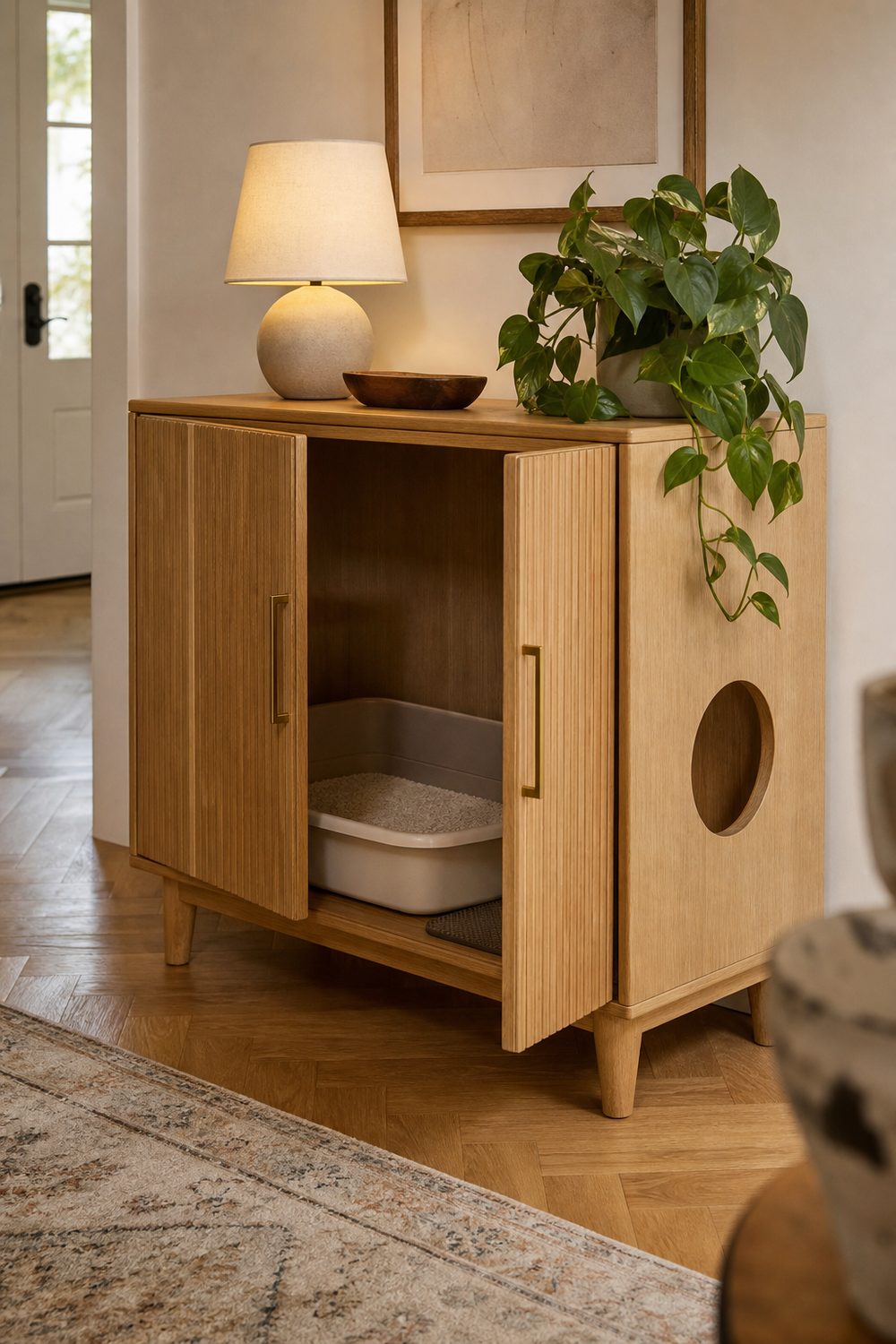 White oak mid century cabinet concealing a hidden litter box with round side entry hole and brass pulls