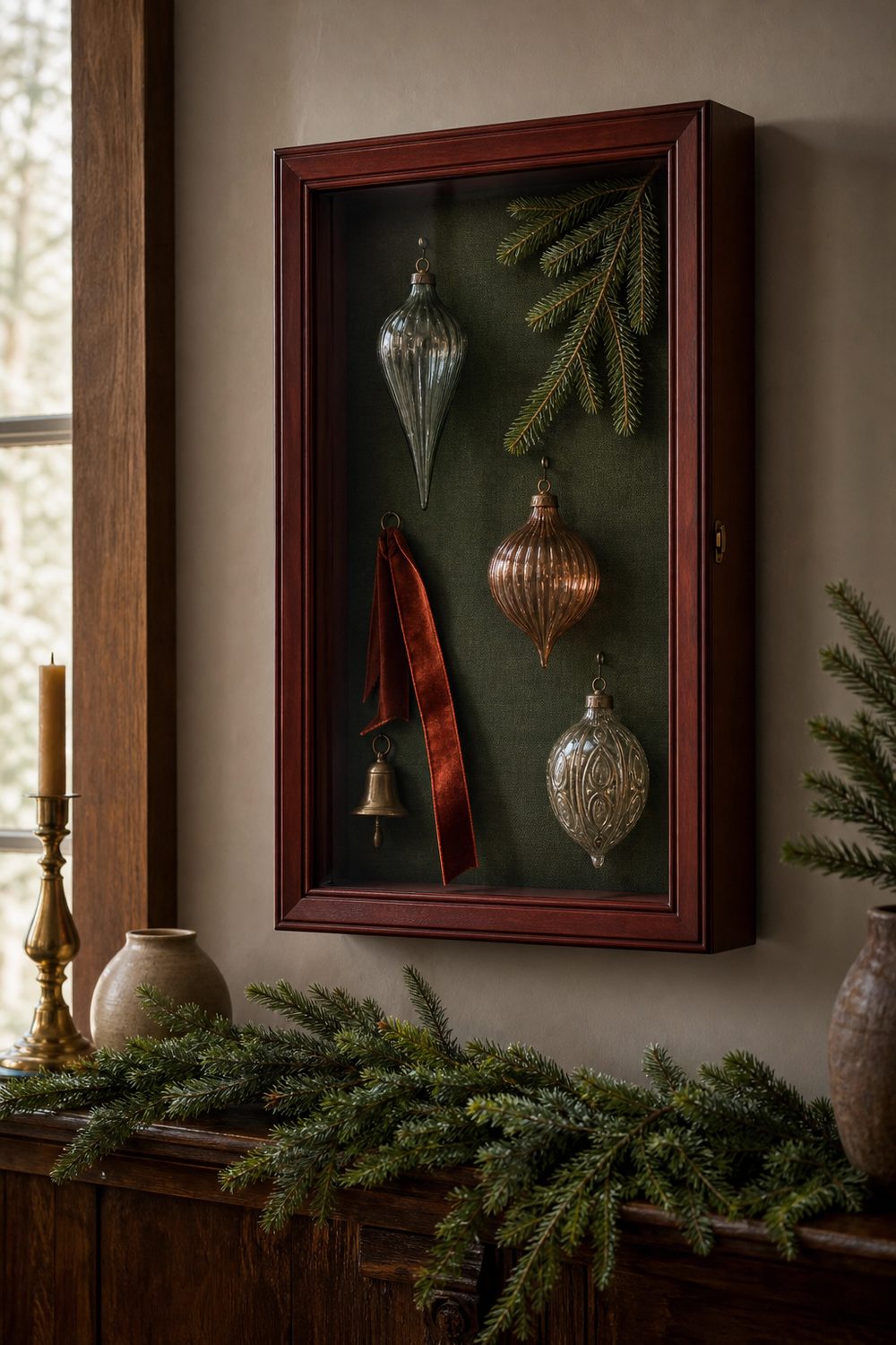Holiday shadow box with heirloom glass ornaments, a pine sprig and a bell on evergreen backing in a warm wood frame