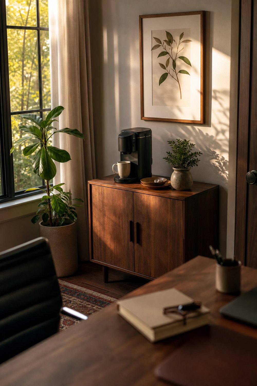 Home office coffee station corner on a walnut console with a small brewer, framed print, and ceramic mug