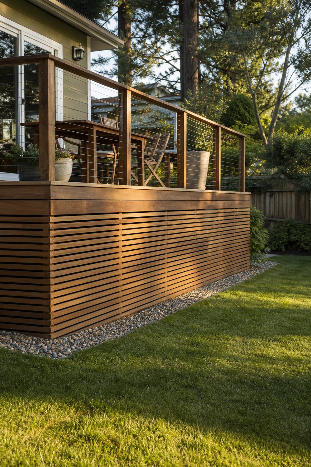 Horizontal Wood Slat Deck Skirting on a raised backyard deck, warm honey-toned cedar slats, warm afternoon light from the right