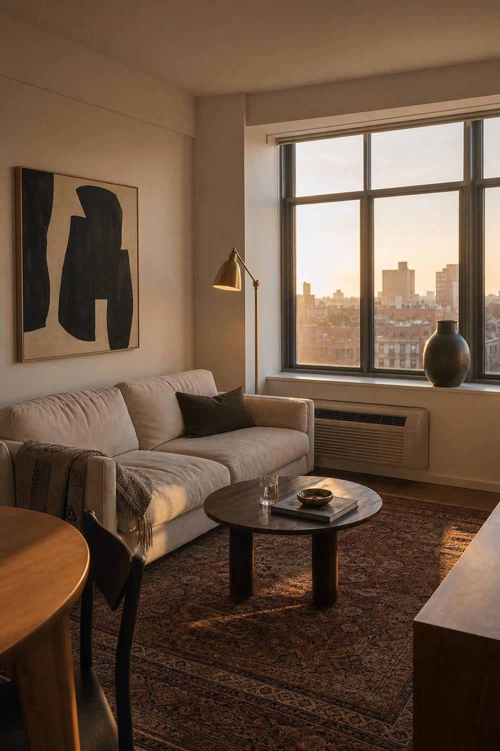 Budget IKEA apartment living room with a simple sofa, quality patterned rug, and one standout brass floor lamp