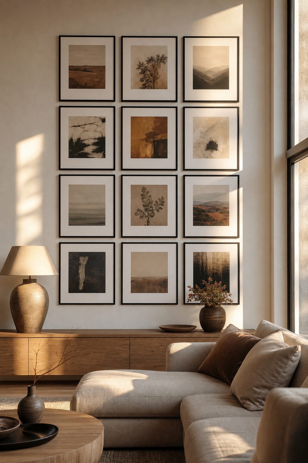 IKEA gallery wall of framed abstract and landscape art in repeated sizes above a low sofa and oak console