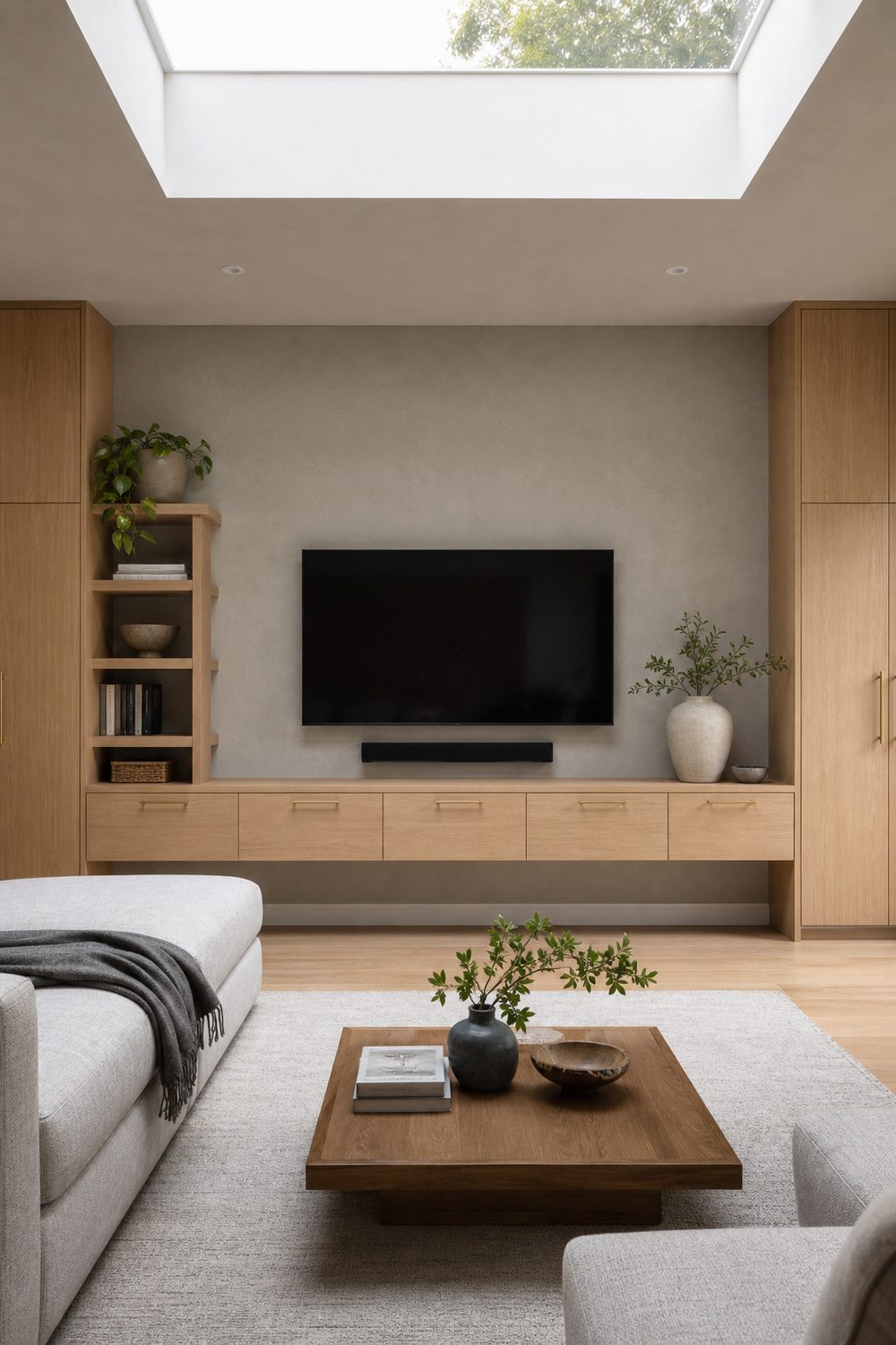 IKEA media wall with a wall-mounted TV, low white oak floating cabinets, and a soundbar in a modern living room