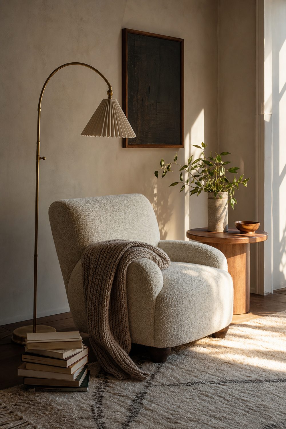 IKEA reading nook corner with an angled upholstered accent chair, small round side table, arc floor lamp, and books
