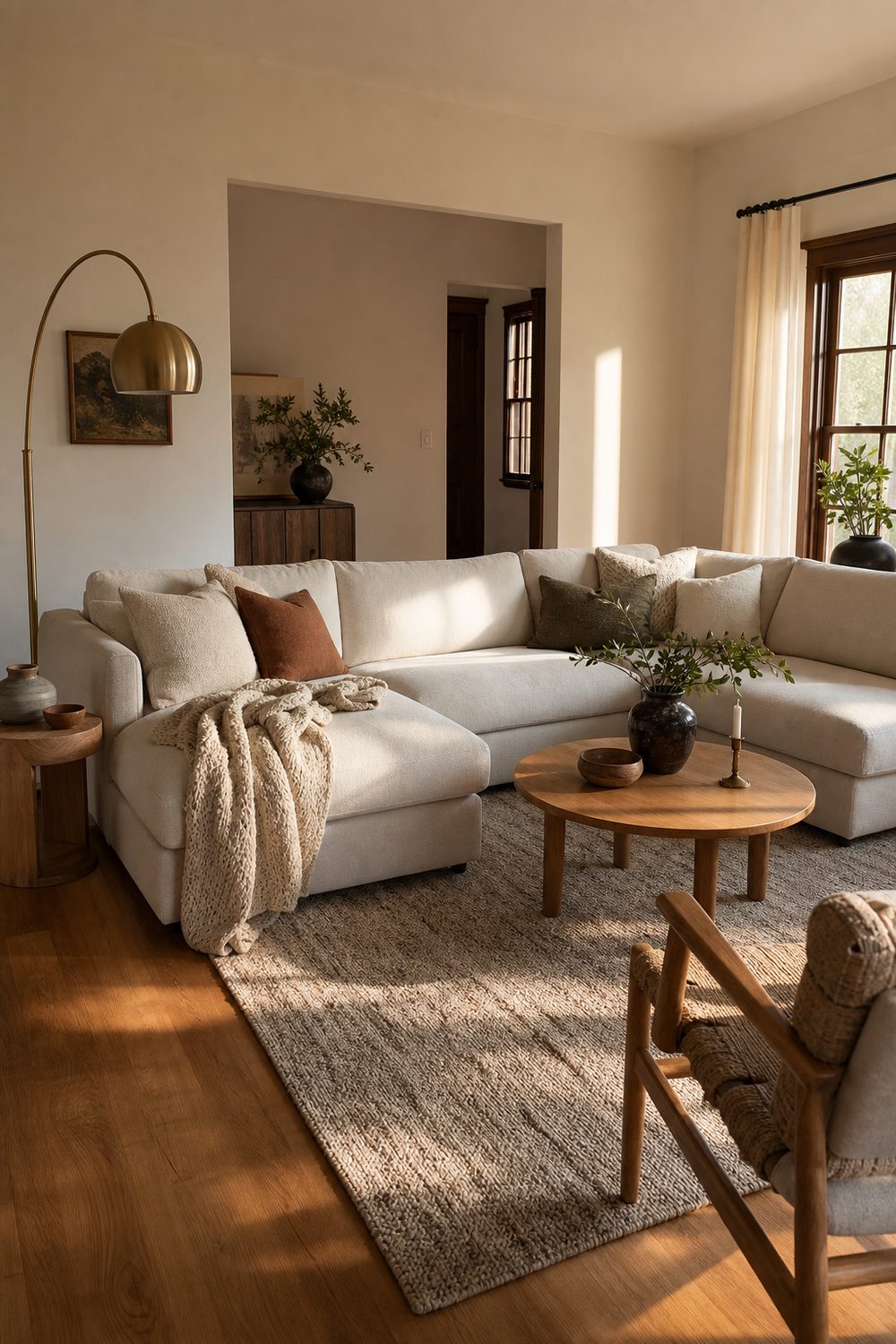 IKEA living room with a large beige L-shaped fabric sectional sofa, layered throw pillows, and a wool rug in a family room