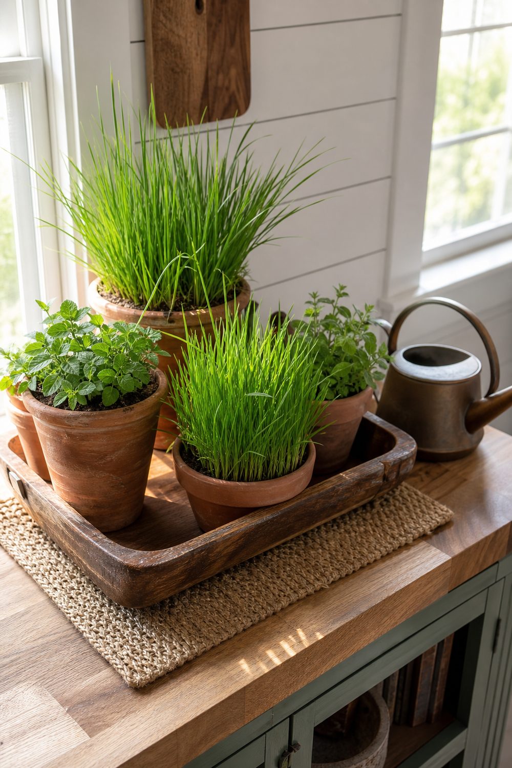 Indoor cat grass garden station with terracotta pots of green cat grass on a butcher block console