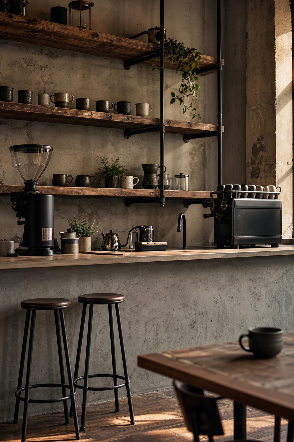Industrial coffee bar with black iron pipe shelving and reclaimed wood over a concrete-look counter with dark mugs