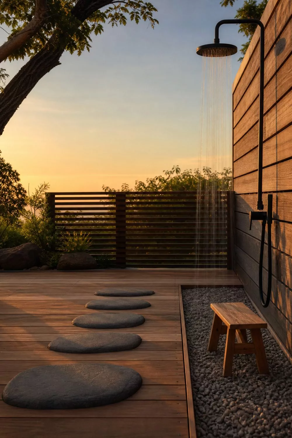 Japanese zen outdoor shower on a cedar deck with stepping stones, a low slat screen, gravel strip and teak stool, warm golden-hour light