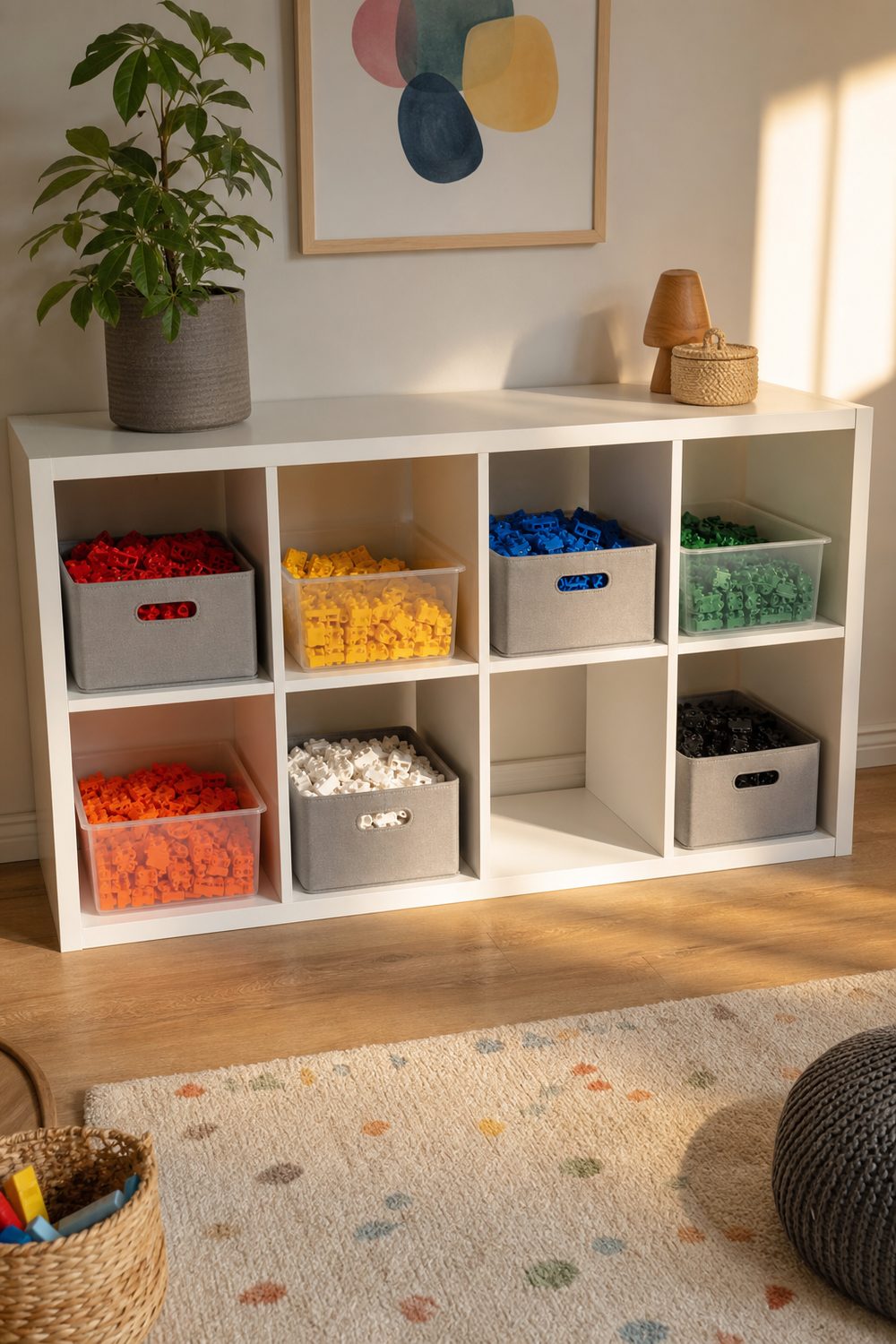 White Kallax cube shelf in a bright playroom filled with fabric bins and clear totes of colorful toy building bricks sorted by color
