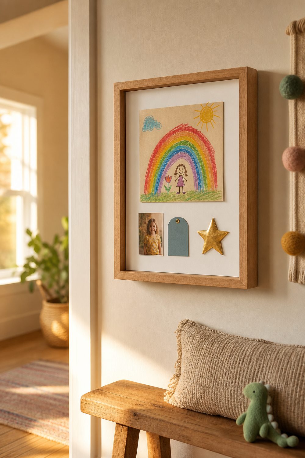 Kids artwork shadow box with a crayon drawing, a school photo and a gold star on a white backing in a natural wood frame