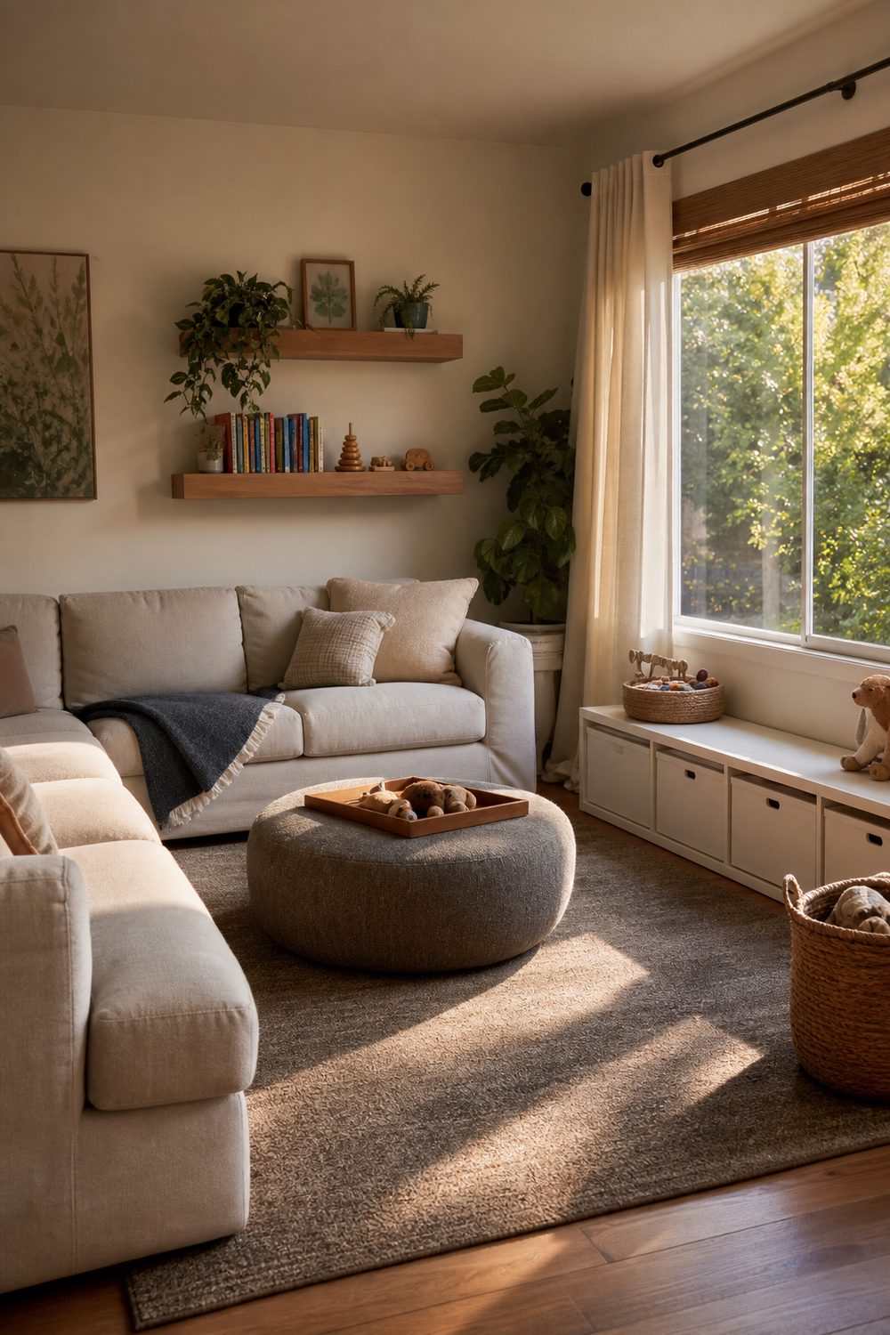 Kid friendly IKEA living room with a washable-cover sofa, soft rounded ottoman, medium-tone rug, and low toy storage