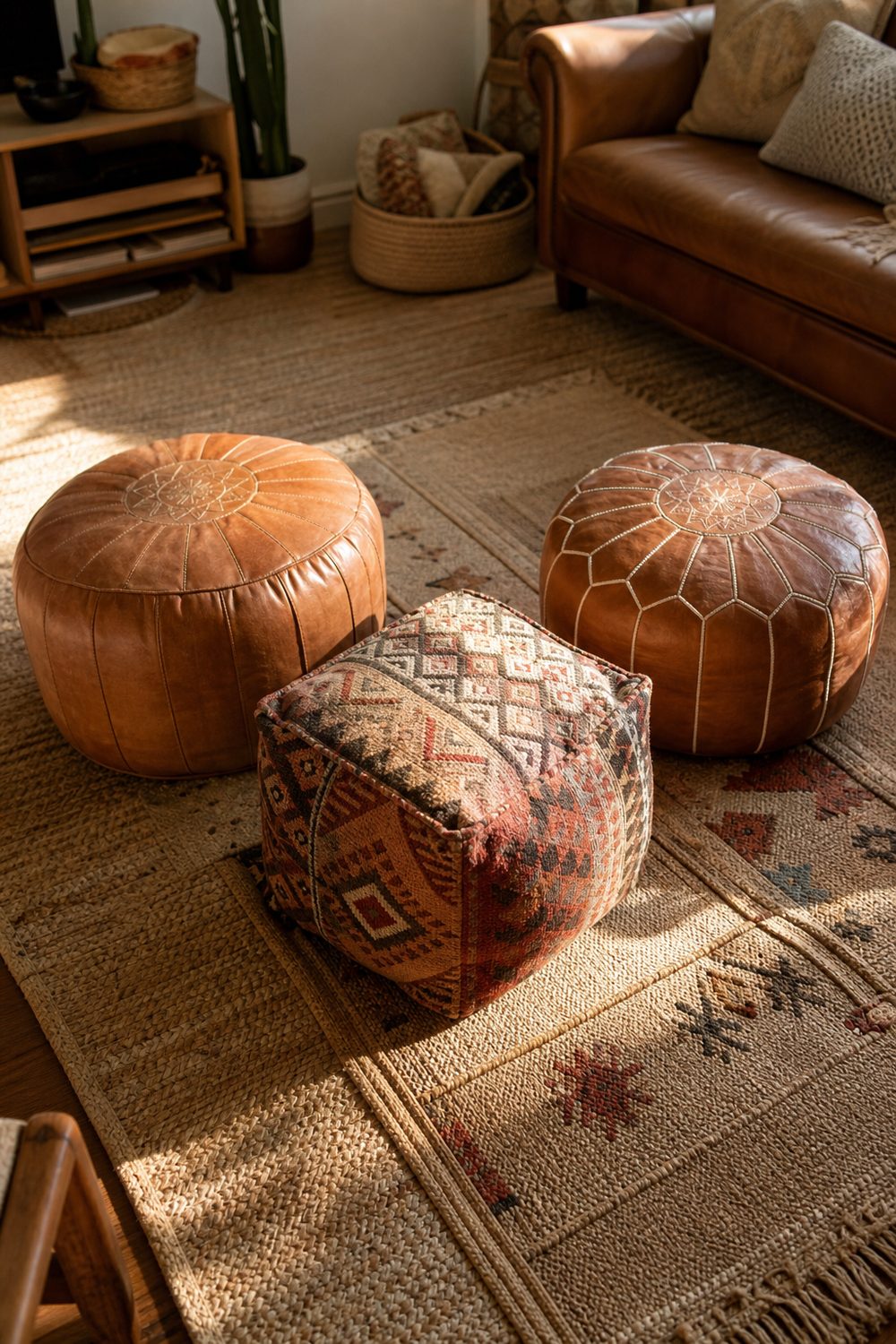 Leather Moroccan poufs and a woven kilim pouf grouped on a layered jute and kilim rug in a boho family room