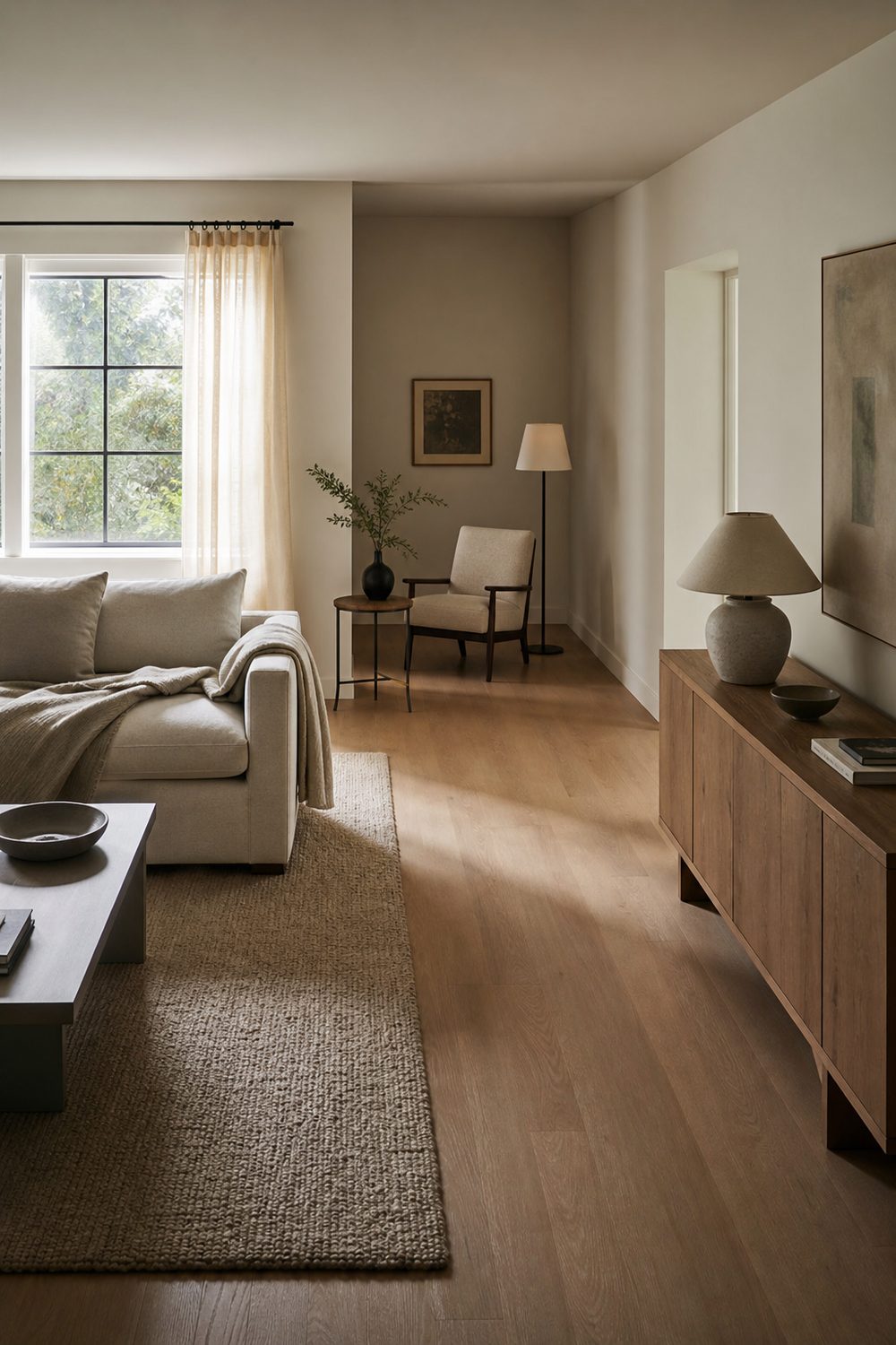 L shaped IKEA living room layout with a main seating zone on a rug and a secondary reading corner near the bend