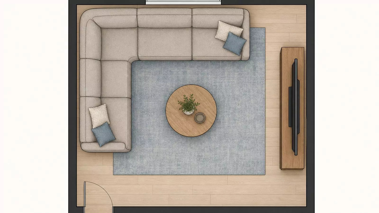 Top-down floor plan diagram with a compact L-shaped sectional tucked into a corner and a round coffee table in front