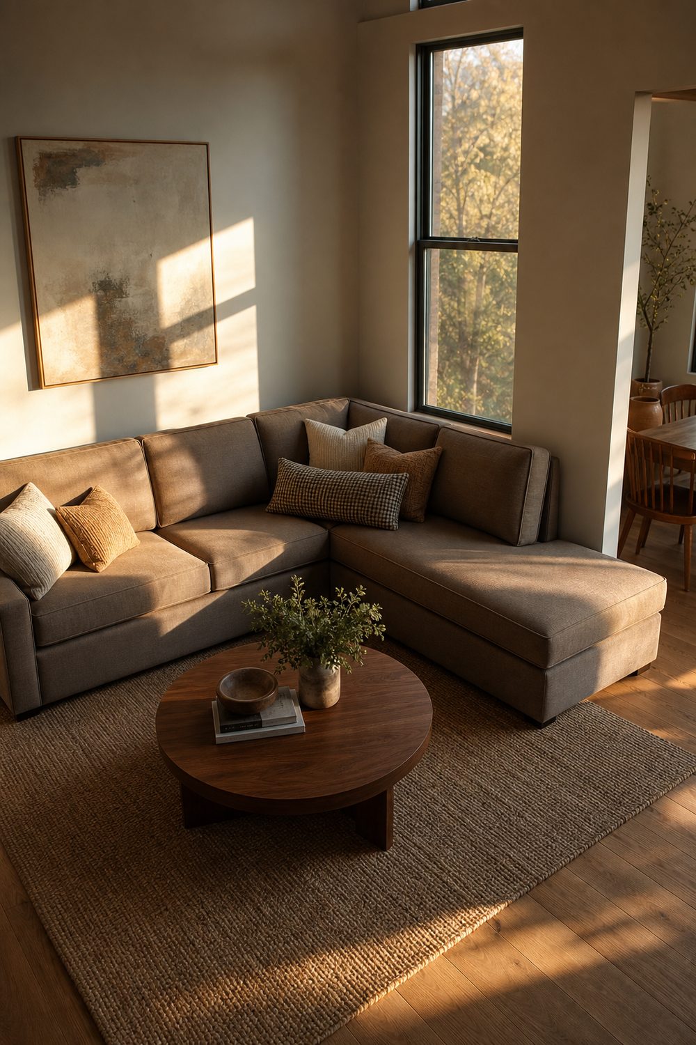 Compact L-shaped sectional filling a room corner with a small round coffee table in front in an awkward living room layout