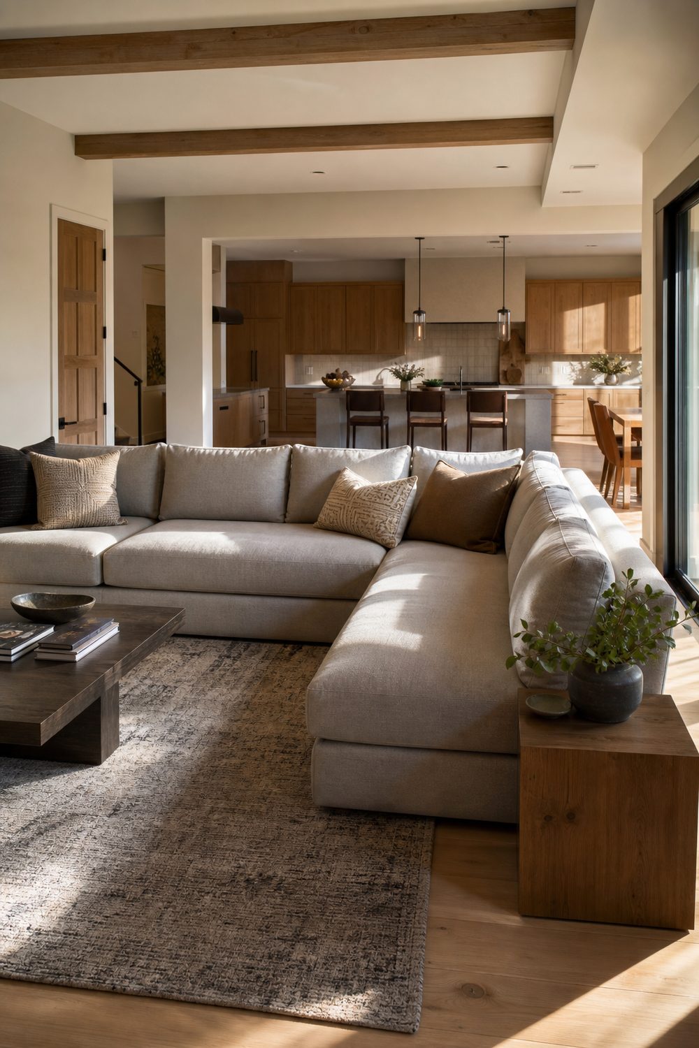 Dove gray L shaped sectional sofa anchoring the corner of an open-concept living room