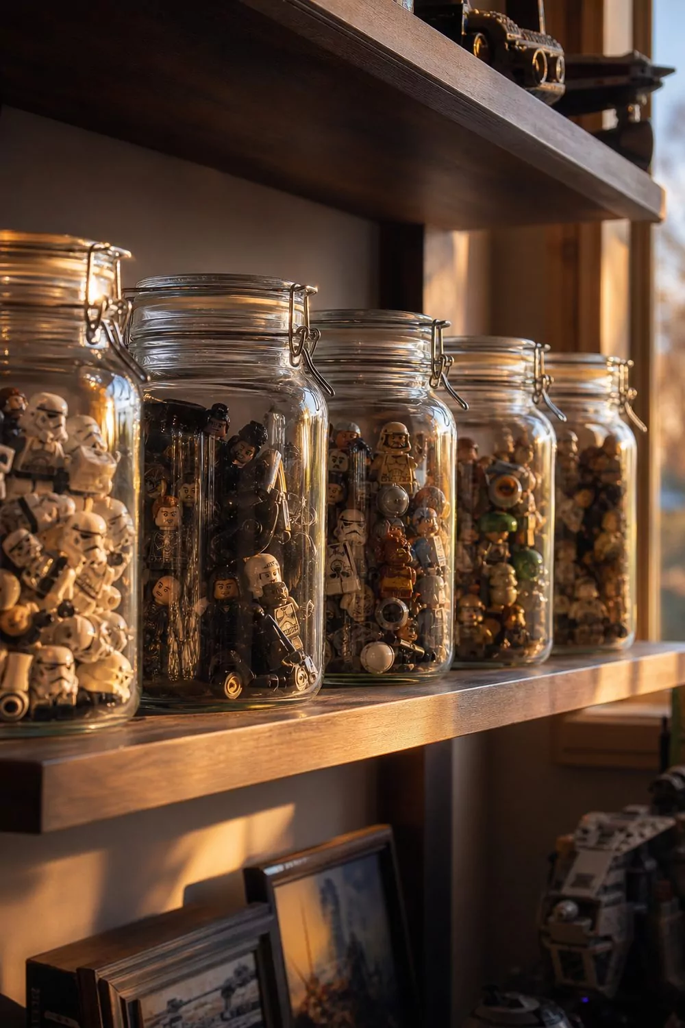 Row of wide-mouth glass jars with gasket lids on a shelf holding sorted minifigures, helmets and small printed building pieces by theme