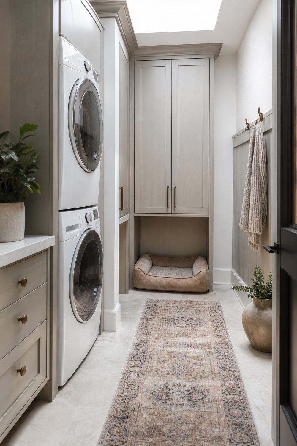Laundry room dog space with a tan bed beside a stacked washer dryer and a tall grey supply cabinet