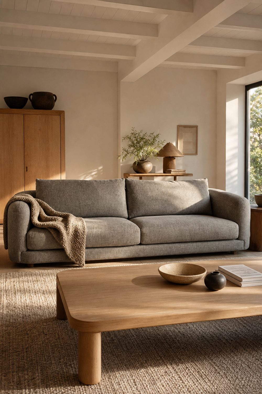 Warm gray linen Lawson sofa with low detached back cushions and rounded arms in a bright family room