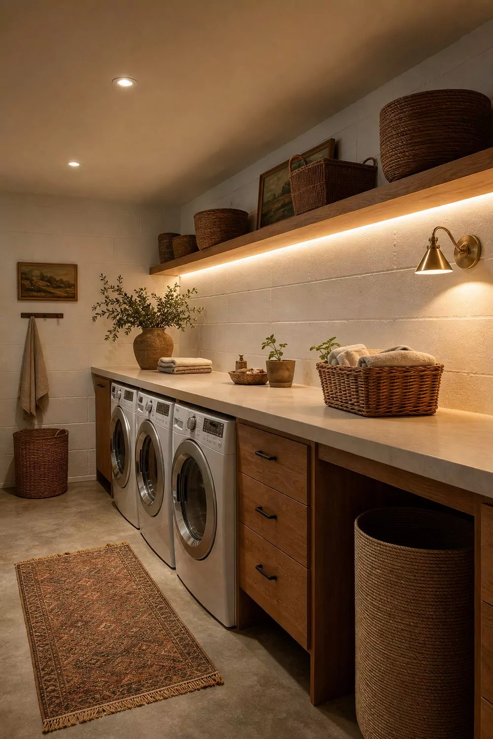 Windowless basement laundry room lit by recessed ceiling downlights an LED strip under a wood shelf and a brass sconce over the counter