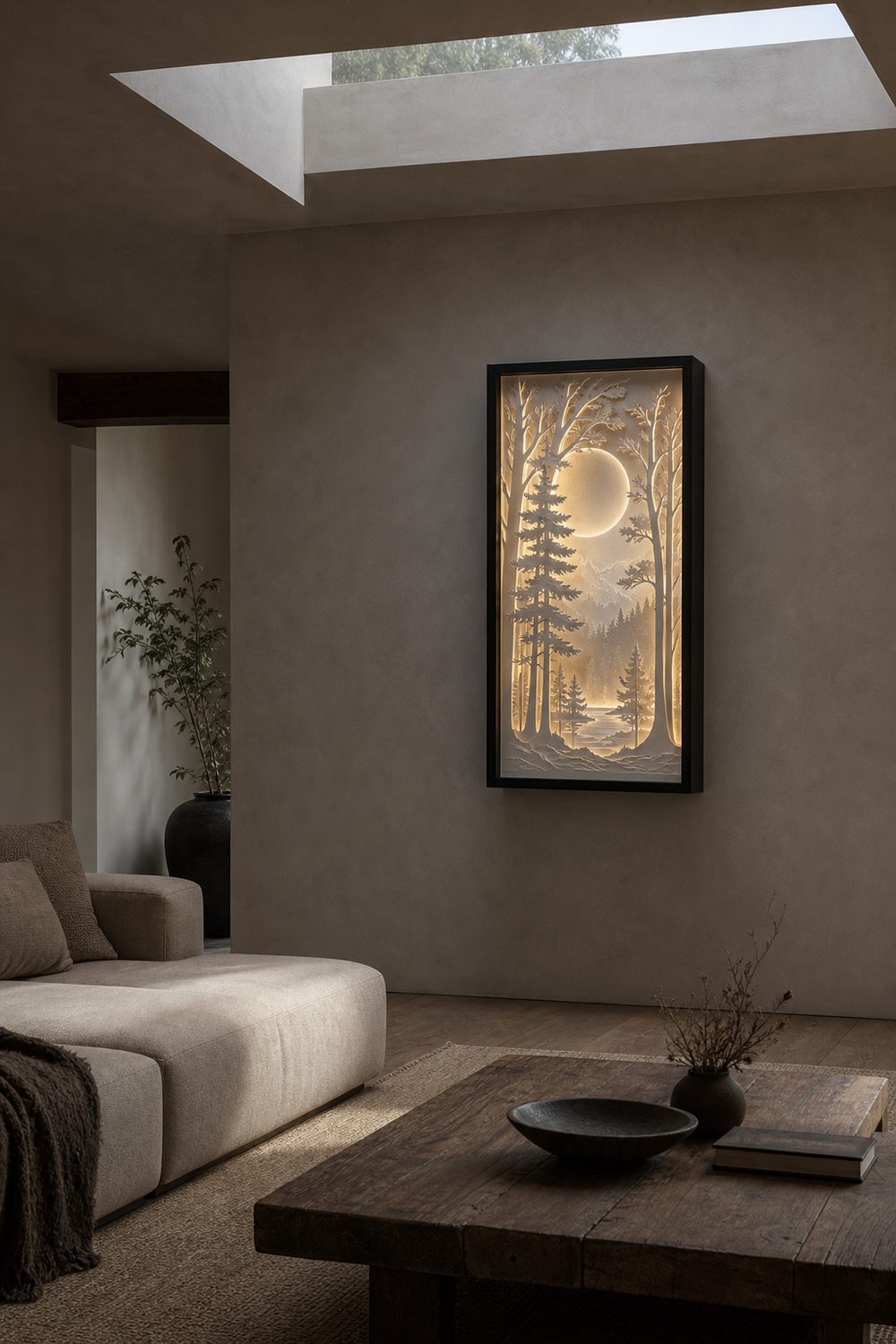 Layered papercut shadow box with an illuminated forest and moon scene glowing softly inside a slim black frame
