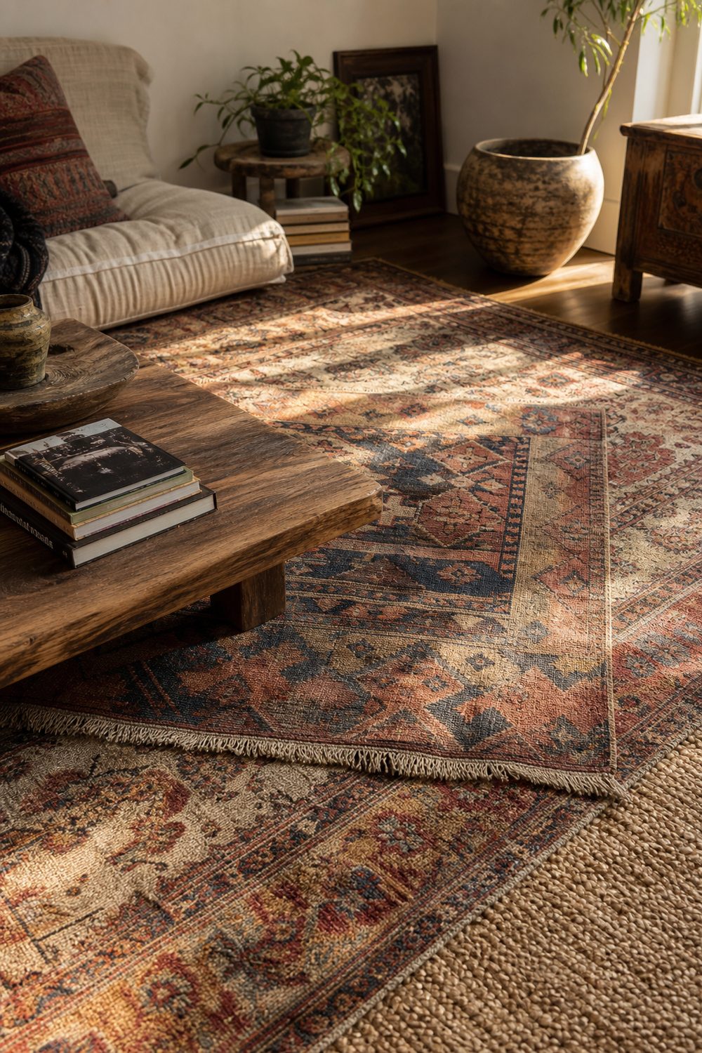 Two layered vintage patterned rugs over a jute base in a bohemian living room with a linen daybed and wood coffee table