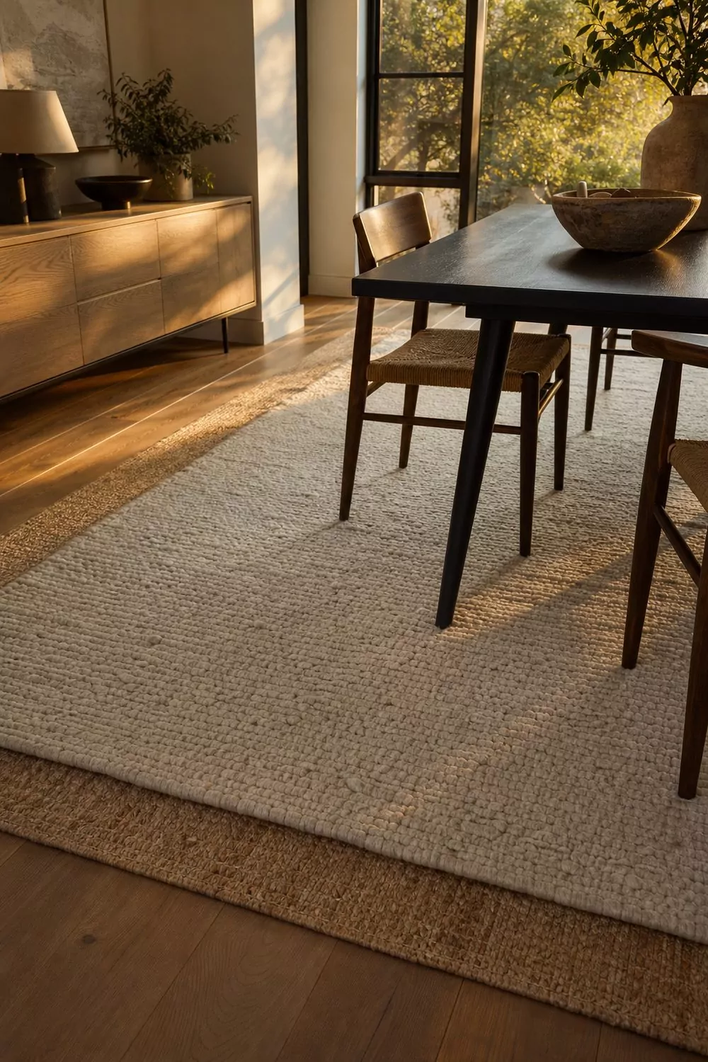 Textured oatmeal wool rug layered over a jute base beneath a dining table showing the natural fiber border in a contemporary dining room