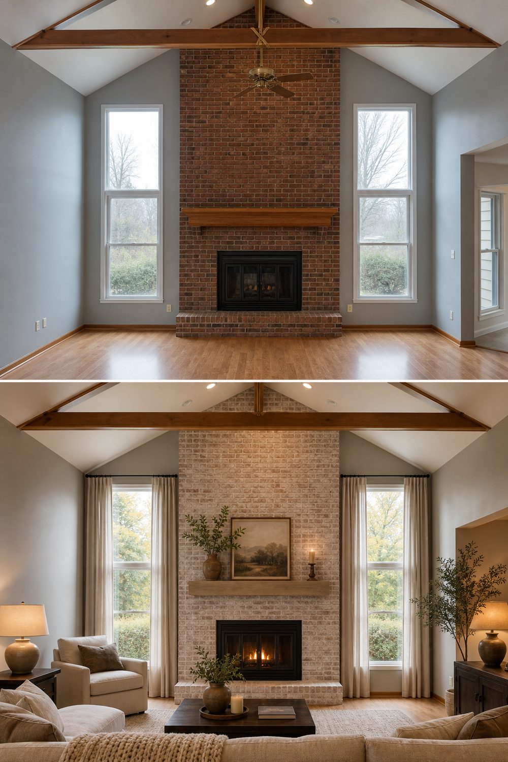 Before and after of a limewash brick fireplace refresh with red undertones showing through