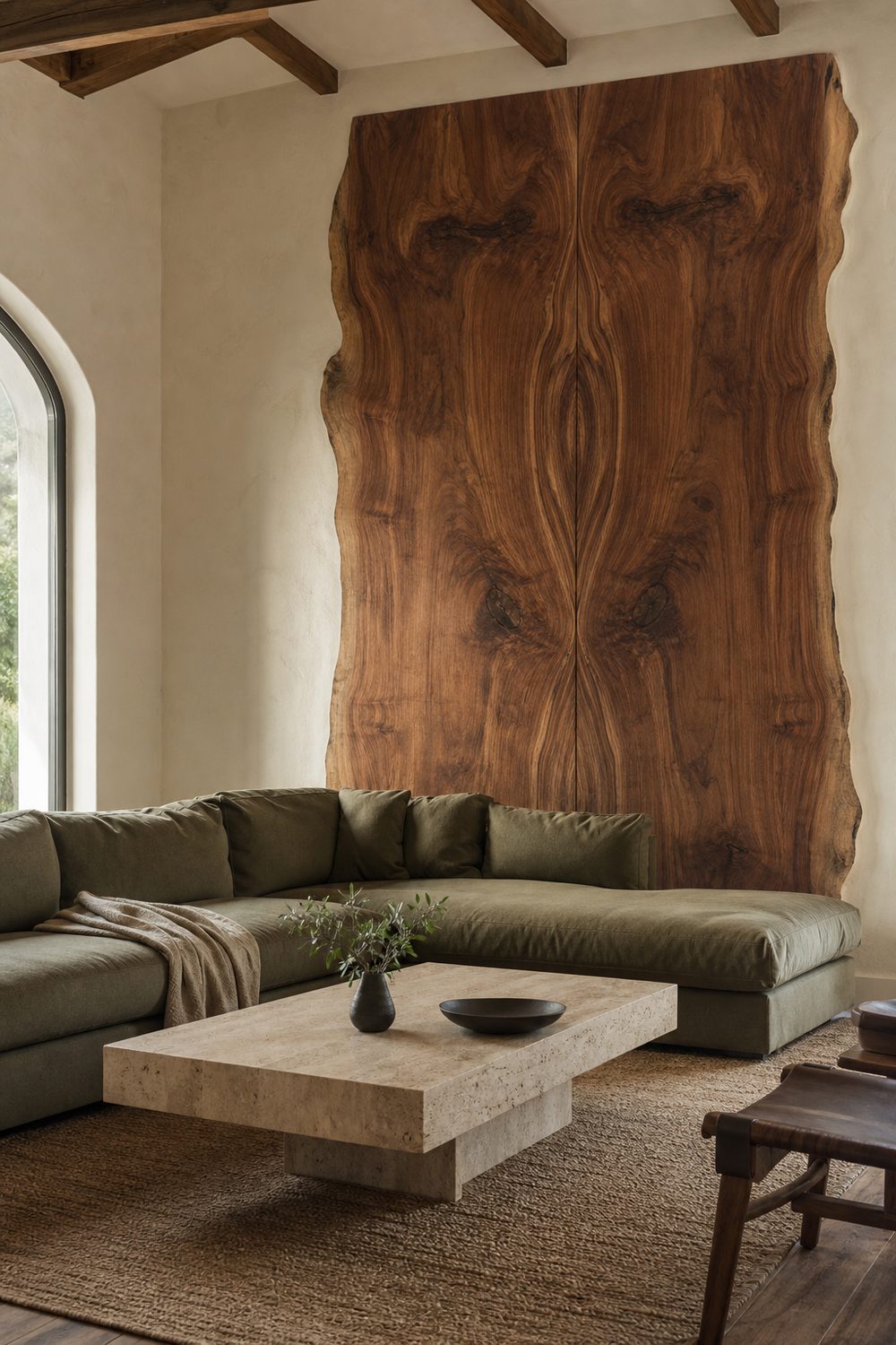 Book-matched walnut live edge slabs with raw natural edges on a cream plaster wall in a modern living room