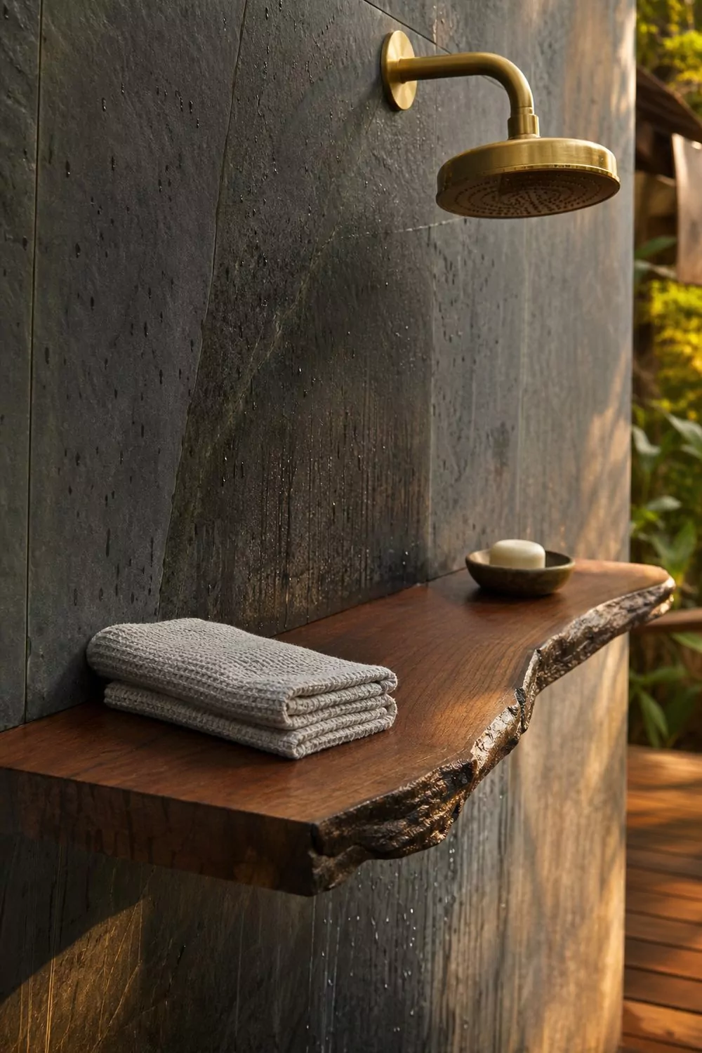 Outdoor shower with a sealed live-edge walnut ledge beside a slate wet wall and brushed brass head, warm afternoon light on the grain
