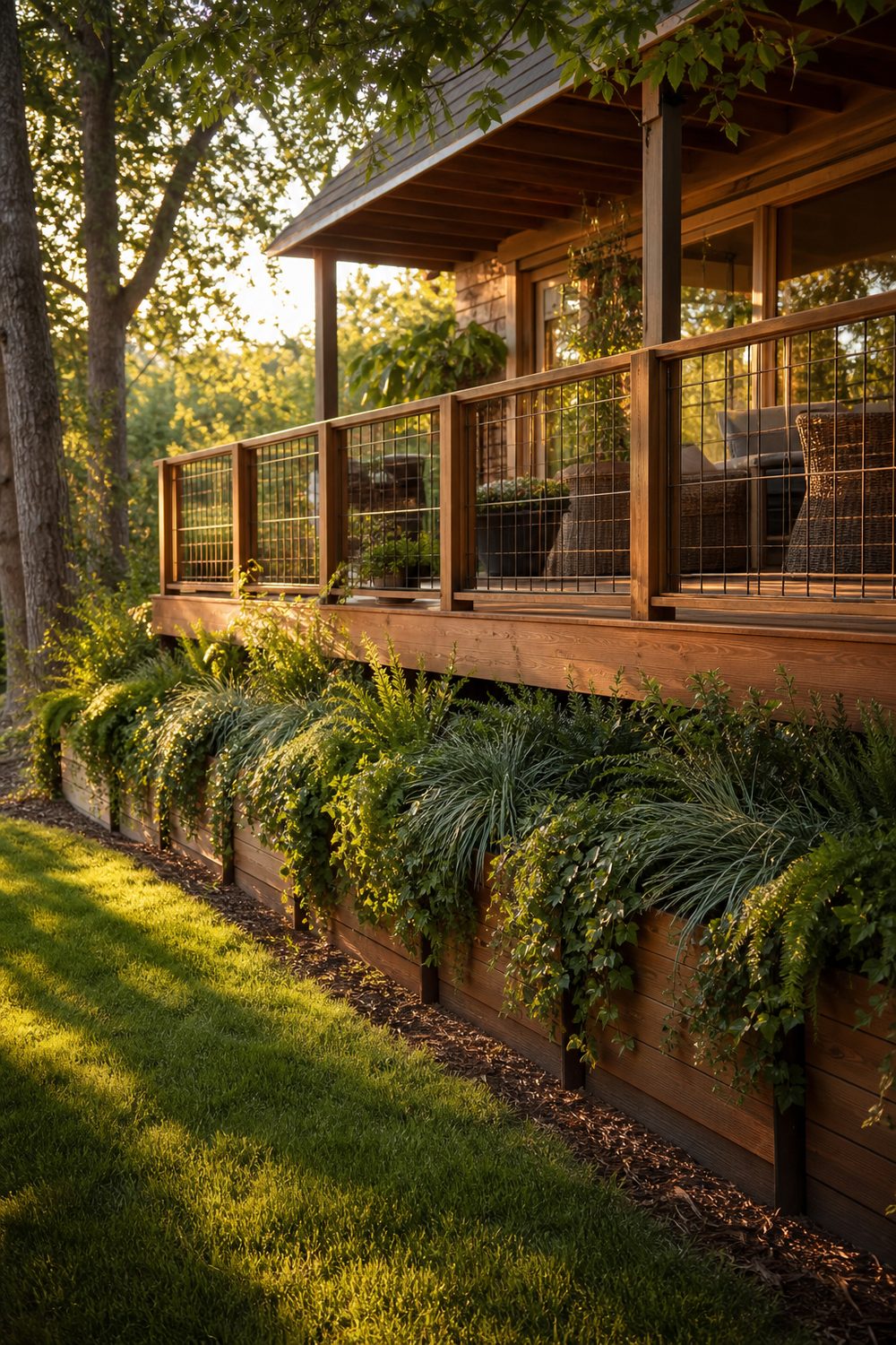 Living Planter Box Deck Skirting on a raised backyard deck, cedar planter boxes, golden hour light from the west