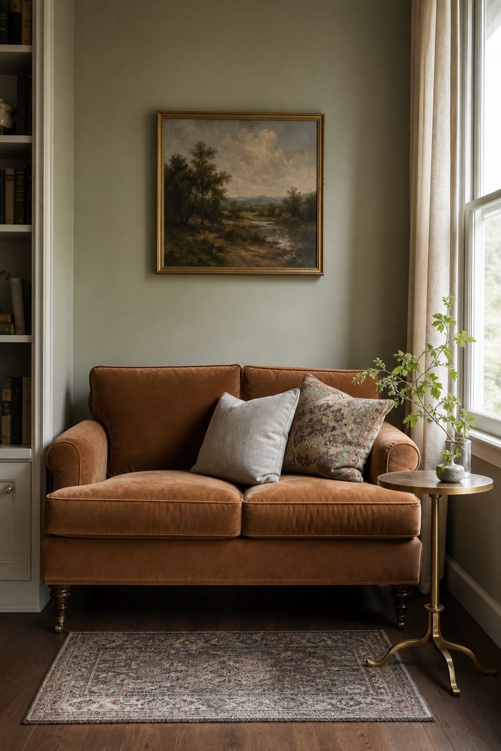 Compact caramel velvet two-seat loveseat in an intimate guest sitting room