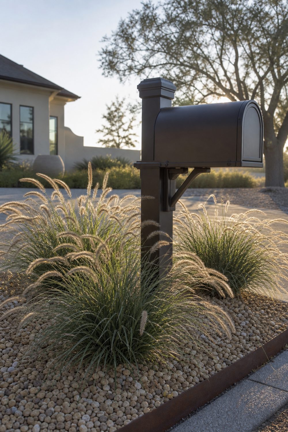 Low maintenance mailbox bed planted with dwarf fountain grass and gravel around a dark metal post