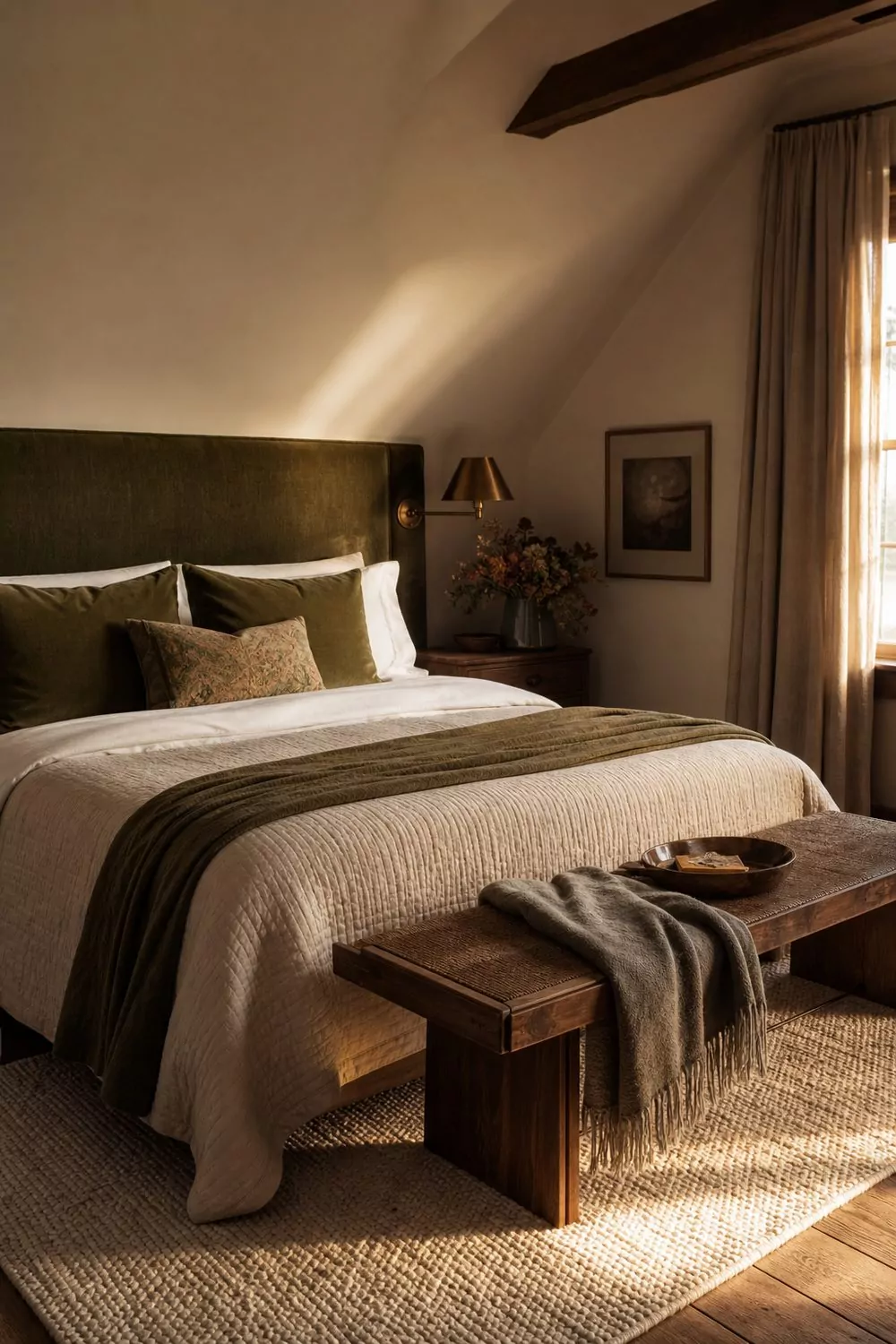 Luxe attic bedroom with a deep moss green velvet headboard, layered linen bedding, brass sconce, walnut bench and a plush wool rug