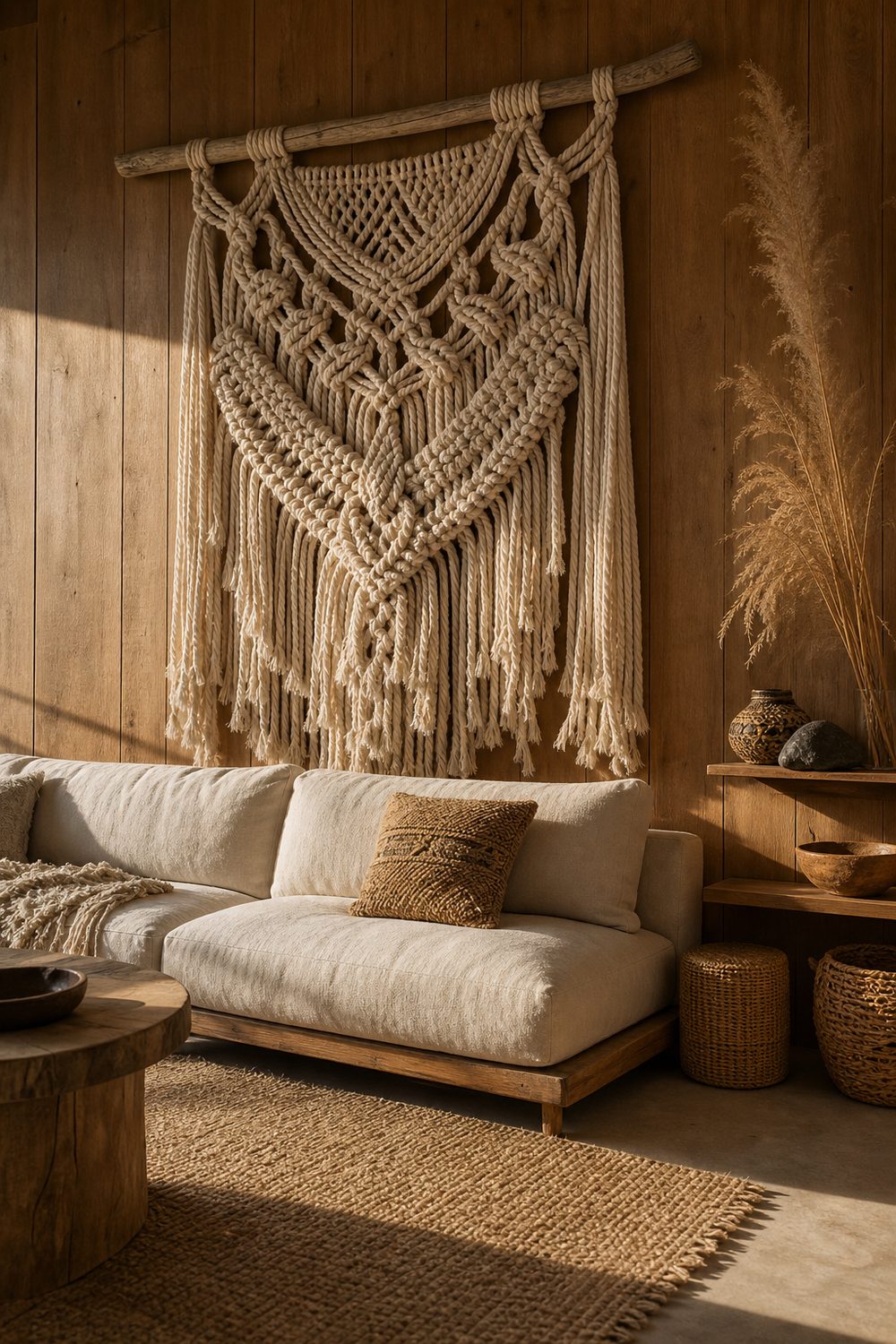 Large handwoven macrame wall hanging on a driftwood dowel mounted above a linen sofa in a boho living room