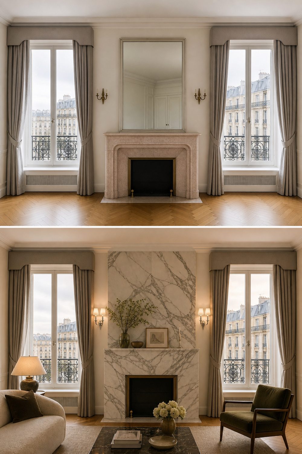 Before and after of a marble slab fireplace surround in book matched Calacatta