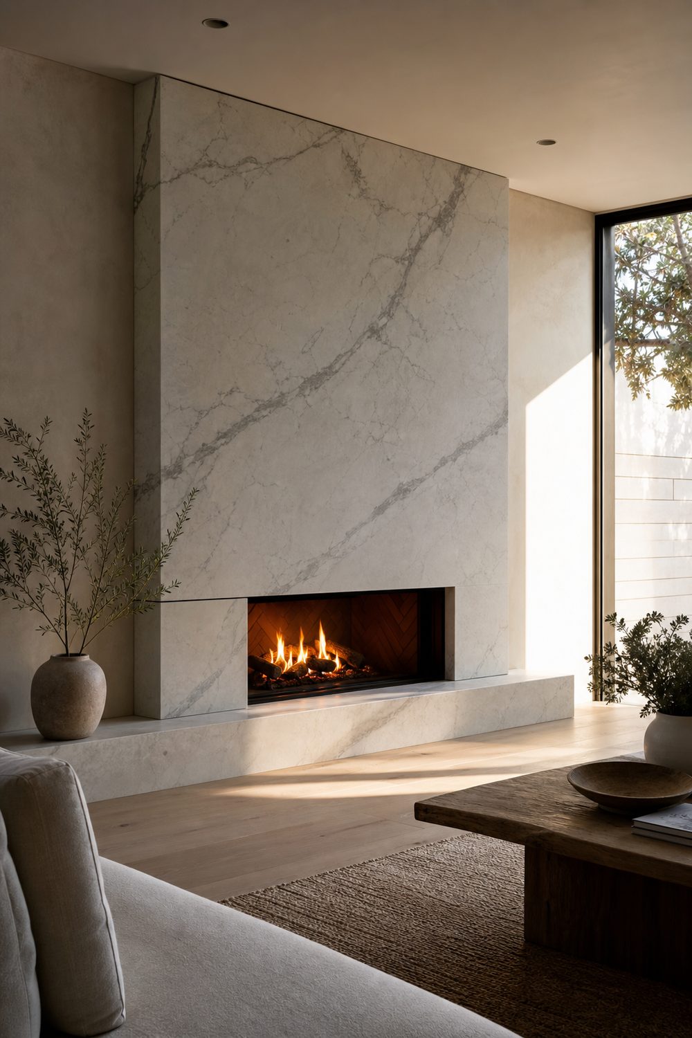 Modern living room fireplace framed by a honed white marble slab surround with soft grey veining and warm afternoon light