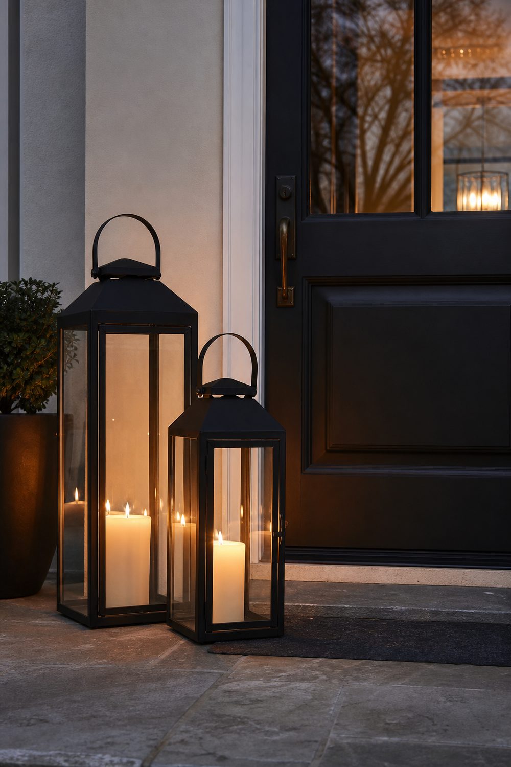 Pair of black metal lanterns at two heights beside a front door with candles glowing through glass panels at warm dusk