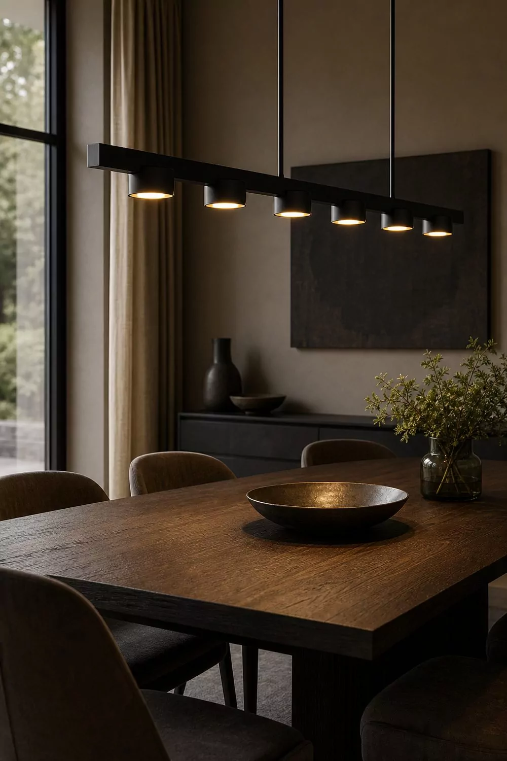 Long matte black linear chandelier with cylindrical shades casting warm pools of light over a smoked oak dining table