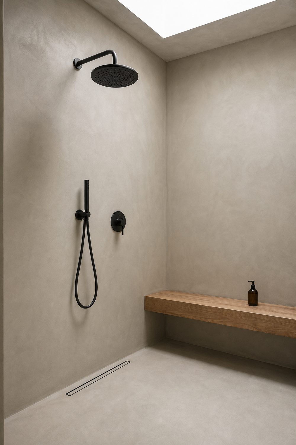 Seamless micro cement shower walls in soft greige with no tile joints, matte black rainhead, minimalist bathroom