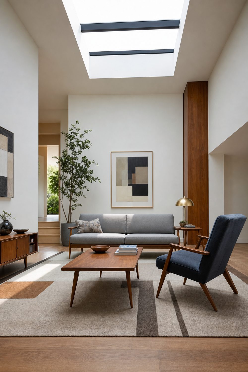 Mid century modern IKEA living room with a low walnut-legged sofa, teak coffee table, and a geometric patterned rug
